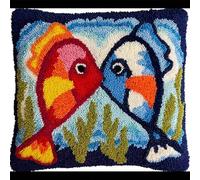 Marine Animals DIY Latch Hook Pillow Kits for Adults,Two Fish Kissing,Pillow Cover with Preprinted Pattern Embroidery Latch Hooking Cushion for Home Decor,17x17in