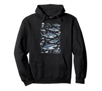 Marine Biology Sketchbook Sharks Stingrays Jellyfish Octopus Pullover Hoodie, Adult Unisex, Black, Medium