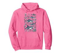 Marine Biology Sketchbook Sharks Stingrays Jellyfish Octopus Pullover Hoodie, Adult Unisex, Bright Pink, Small