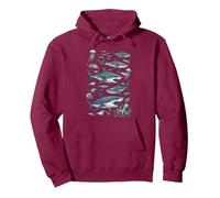 Marine Biology Sketchbook Sharks Stingrays Jellyfish Octopus Pullover Hoodie, Adult Unisex, Burgundy, XX-Large