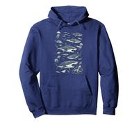 Marine Biology Sketchbook Sharks Stingrays Jellyfish Octopus Pullover Hoodie, Adult Unisex, Navy Blue, X-Large