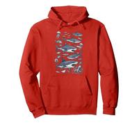 Marine Biology Sketchbook Sharks Stingrays Jellyfish Octopus Pullover Hoodie, Adult Unisex, Red, Medium