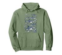 Marine Biology Sketchbook Sharks Stingrays Jellyfish Octopus Pullover Hoodie, Adult Unisex, Sage Green, X-Large