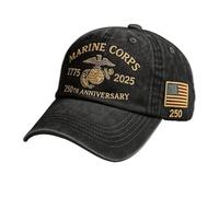 Marine Corps 250th Anniversary Baseball Cap, Adjustable Washed Retro Hat for Men, Embroidered Veterans Hat, Patriotic Veteran Tribute, Comfortable & Durable Design (Black)