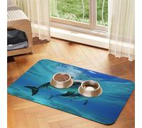 Marine Dolphin Pet Feeding Mat Absorbent Pu Leather Dog Cat Food Mats Contain Spills Protects Floors, Anti-Slip Rubber Backing Dog Bowl Mats Easy Clean Pet Placemats 40x60cm