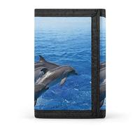 Marine Dolphins JumpingOf Blue Sea Water Sky Clouds Trifold Wallet, Stylish Purse with Keychain, Credit Pass Case Card-Holder for Crash Bills Receipts Women Men 5 x 3.3 x 0.2 Inch