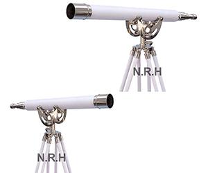 Marine Floor Standing Leather Telescope Navy Adjustable Tripod Floor Wooden Stand Chrome Finish Home Decor