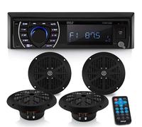 Marine Head Unit Receiver Speaker Kit - In-Dash LCD Digital Stereo Built-in Bluetooth & Microphone w/AM FM Radio System 6.5’’ Waterproof Speakers (4) MP3/SD Readers & Remote Control - Pyle PLMRKT48BK