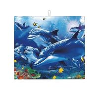 Marine Life Blue Sea World Coral Dolphin, Dish Drying Mat, 18x16 Inch Absorbent Microfiber Quick Dry Machine Washable for Dishes Pots Pans Glassware Coffee Bar Under Rack