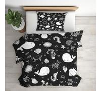 Marine Life Cartoon Duvet Cover Super King Size 3 Piece with 2 Pillowcases, Nautical Shell Sea Animal Patterned Bedroom Decor Bedding, Soft Microfibre Quilt Cover with Zip XK#58