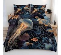 Marine Life King Duvet Cover Set, Deep Blue Bedding Sets with Zipper Closure, Soft Cozy Microfiber Double Duvet Cover and 2 Pillow Cases 50 x 75 cm a1907