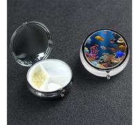 Marine Life Pill Box with Mirror 3 Compartment Decorative Pill Case for Purse or Pocket Small Round Pill Organizer Weekly Metal Medicine Tablet Vitamin Holder Travel Gift