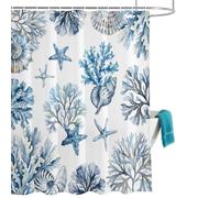 Marine Life Shower Curtain for Bathroom, Ocean Coral Sea Star Shellfish Seashell Coastal Waterproof Cloth Fabric Bathroom Accessories Set with 12 Rust Proof Plastic Hooks, 56” x 78”