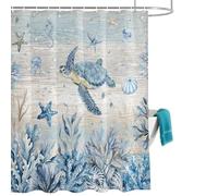 Marine Life Shower Curtain for Bathroom, Ocean Turtle Coral Starfish Seashell Coastal Wooden Waterproof Cloth Fabric Bathroom Accessories Set with 12 Rust Proof Plastic Hooks, 36” x 72”