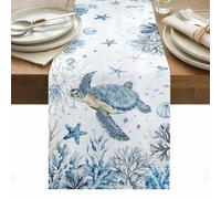 Marine Life Table Runner 60 Inches Long, Ocean Turtle Coral Starfish Seashell Coastal UnderWorld Washable Table Runners Heat-Insulation Kitchen Dining Table Decorations for Home Party Decor, 13"x60"