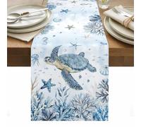 Marine Life Table Runner 70 Inches Long, Blue Ocean Turtle Coral Starfish Seashell Coastal Washable Table Runners Heat-Insulation Kitchen Dining Table Decorations for Home Party Decor, 13"x70"