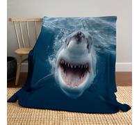 Marine Life Throw Blanket, Fierce Shark Cozy Fleece Blanket, Warm Super Soft Comfort Lightweight Flannel Fleece Blankets 130x150cm, Dark Blue