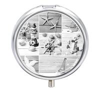 Marine Lighthouse Sailboats Starfishes Ships Steering Wheel on Wood Iron Pill Box Case Organizer with Internal Separate Plastic Dividers, Travel Small Medicine Bag Holder Carrier Round Container