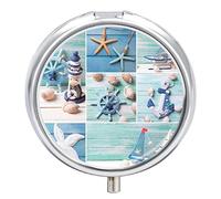Marine Lighthouse Sailboats Starfishes Ships Steering Wheel on Wood Iron Pill Box Case Organizer with Internal Separate Plastic Dividers, Travel Small Medicine Bag Holder Carrier Round Container