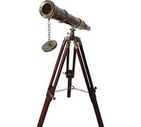 Marine Nautical Style Single Barrel Vintage Antique Solid Brass Finish Telescope With Brown Wooden Floor Standing Tripod For Home And Office Decoration