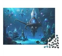 Marine Organisms And Atlantis Jigsaw Puzzles For Adults 1000 Piece Educational Game Massive Stone Temple And Carved Pillars Fluorescent Fish Schools Glowing Jellyfish Dark Style Cute Style Biolumine