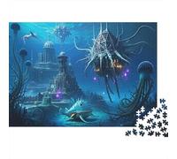 Marine Organisms And Atlantis Jigsaw Puzzles for Adults 1000 Piece Educational Games Massive Stone Temple And Carved Pillars Fluorescent Fish Schools Glowing Jellyfish Dark Style Cute Style Biolumin