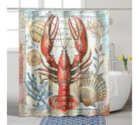 Marine Shower Curtain, Nautical Lobster Shellfish Summer Ocean Bathroom Decor, Coastal Beach Print Waterproof Fabric Shower Curtain Set with Hooks 72x72 Inch