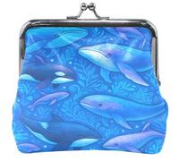Marine Whales Sea Creatures Blue Cute Coin Purse Pouch Leather Buckle Kiss Lock Modern Coin Change Pouch Wallet, 4.53" x 4.13" / 11.5 x 10.5 CM