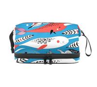 Marine White Red Whale Feather Conch Pattern Double Layer Cosmetic Bag for Women and Girls, Travel Toiletry Bag Makeup Handy Pouch Organiser Bag with Brush Compartment