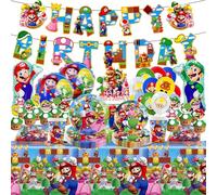 Mario Birthday Decorations, 81pcs Mario Cake Decorations Party Supplies Include Cake Topper Cupcake Toppers Banner Tablecloth Balloons Napkins Cups Plates
