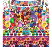 Mario Birthday Party Supplies, Party Decorations Set Include Banner, Backdrop, Balloons, Hanging Swirls, Cake Cupcake Toppers, Tablecloth for Boys Girls Mario Theme Party