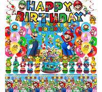 Mario Birthday Party Supplies, Party Decorations Set Include Banner, Backdrop, Balloons, Hanging Swirls, Cake Cupcake Toppers, Tablecloth for Boys Girls Mario Theme Party