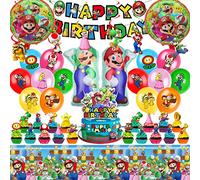 Mario Birthday Party Supplies, Party Decorations Set Include Banner, Balloons, Hanging Swirls, Cake Cupcake Toppers, Tablecloth for Boys Girls Mario Theme Party