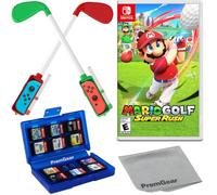 Mario Golf: Super Rush for Nintendo Switch (US Version), with Golf Clubs for Joy-Con Controllers (2 pack, Red & Green), 24 Slot Game Card Holder & Cleaning Cloth