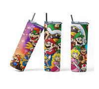 Mario Inspired 90s Design Tumbler - 600ml / 20oz Retro Gamer Cup | Stainless Steel Insulated Water Bottle with Metal Straw & Cleaner | Vintage Gaming Aesthetic Gift for 90s Kids & Gaming