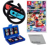 Mario Kart 8 Deluxe for Nintendo Switch, with PremGear Racing Steering Wheel Controllers, Driving Grips for Joy-Con (2 pack), 24 Slot Game Card Holder & Cleaning Cloth