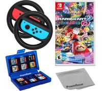 Mario Kart 8 Deluxe for Nintendo Switch, with PremGear Racing Steering Wheel Controllers, Driving Grips for Joy-Con (2 pack), 24 Slot Game Card Holder & Cleaning Cloth