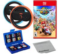 Mario Kart World for Nintendo SWITCH 2, with PremGear Racing Steering Wheels, Driving Grips for Joy-Con Controllers (2 pack), 24 Slot Game Card Holder & Cleaning Cloth
