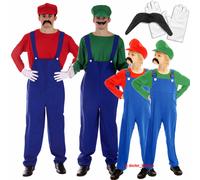 Mario Luigi Fancy Dress Plumber Workman Costume Mens Adult Boys Gloves Moustache