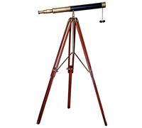 Maritime Antique Brass Finish Single Barrel Designer Telescope with Brown Wooden Tripod Floor Standing For Home & Office Decor.