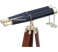 Maritime Brass Antique Double Barrel Designer Telescope with Wooden Tripod Floor Standing Telescop Tripod