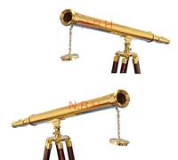 Maritime Floor Standing Brass Telescope Brown Tripod Wooden Stand Nautical Harbor Master Telescope Home Decor