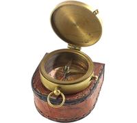 Maritime Treasures Antique Brass Pocket Compass with Leather Case, Vintage Nautical Navigation Compass with Flip Open Lid, Explorer Hiking Camping Travel & Collectible Decor