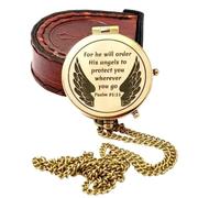 Maritime Treasures Brass Pocket Compass with Chain and Leather Case - Engraved Psalm 91:11 Scripture Compass Vintage Inspirational Gift