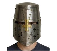 Maritime treasures Hand-Forged Crusader Great Helmet KnightsTemplar Style Medieval Helmet with Brass Cross Full-Size LARP, Halloween,Reenactment & Display Collectible