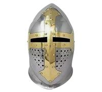 Maritime treasures Medieval Crusader Helmet - Knight Great Helm with Brass Cross - Wearable Steel Armour Helmet for Reenactment, LARP, Cosplay & Display