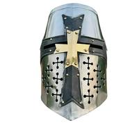 Maritime treasures Medieval Crusader Knight Helmet Steel Great Helm with Brass Cross & Black Trim Full Face Armour for LARP,Halloween Cosplay, Reenactment & Display