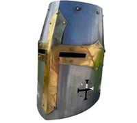 Maritime treasures Medieval Crusader Knight Helmet - Steel Great Helm with Brass Cross for LARP, Reenactment,Cosplay, Collectors, Fancy Dress & Halloween