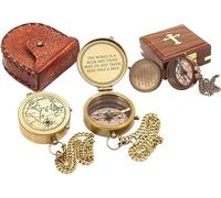 Maritime Treasures Set of 2 Brass Pocket Compasses with Leather Case and Wooden Box - Vintage Engraved Navigation Tools and Collectible Gifts for Men, Travellers and Collectors