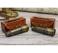 Maritime treasures Set of 2 Vintage Brass Handheld Telescope with Leather Case Classic Nautical Spyglass for Collectors, Home Decor & Outdoor Use